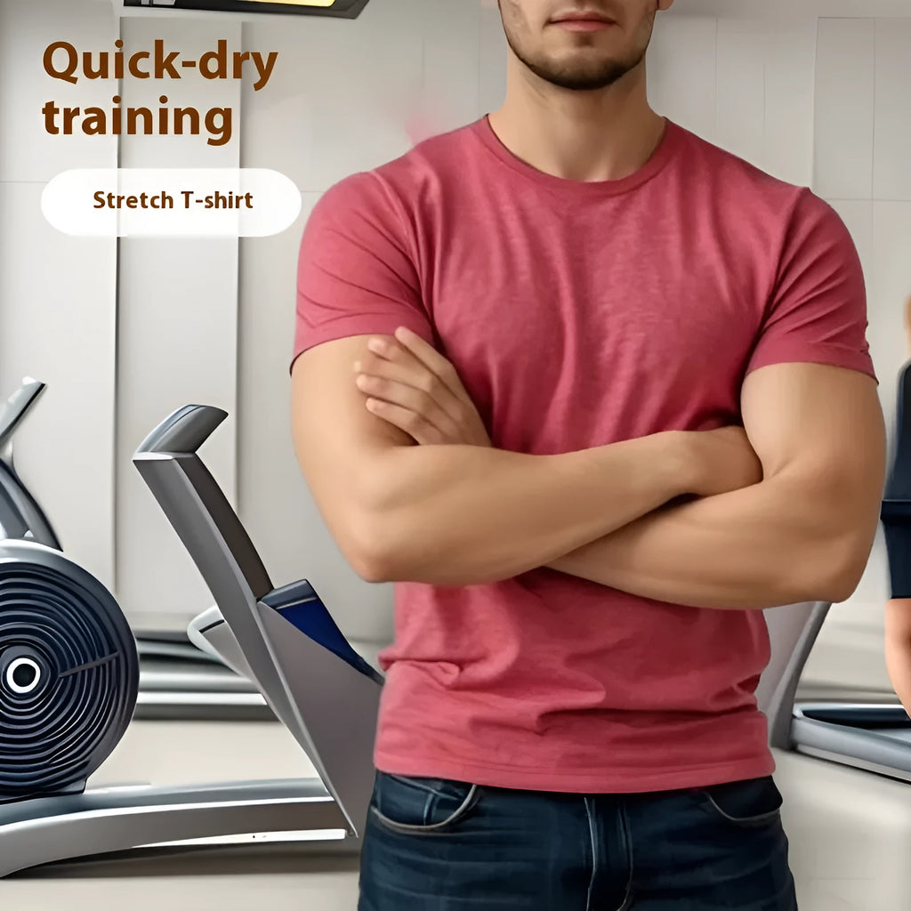 Men's tight stretch quick-drying round neck short sleeve t-shirt in polyester blend fabric