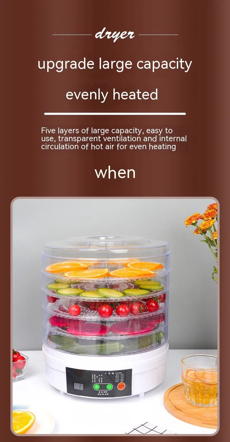 Household food dehydrator with multiple shelf layers and international plug compatibility options