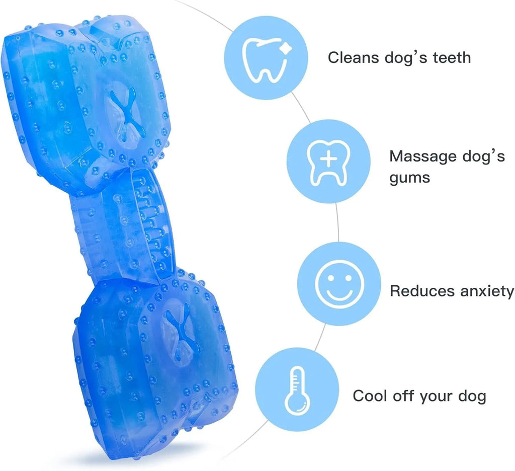 Freezable blue dog chew toy with textured surface and a cavity for treats.