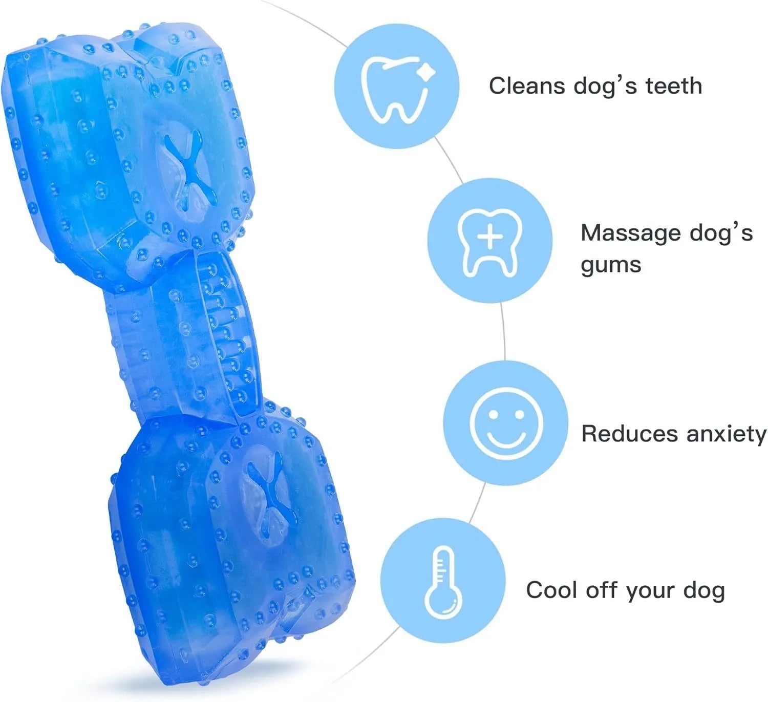 Freezable blue dog chew toy with textured surface and a cavity for treats.