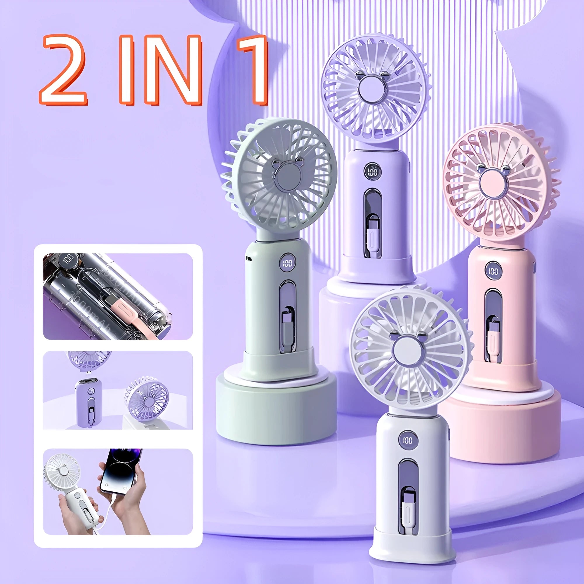 2-in-1 handheld fan with power bank, purple, 88mm brushless blades, compact USB rechargeable portable fan