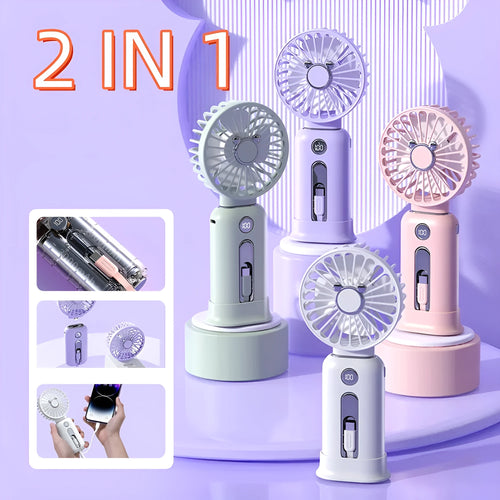 2-in-1 handheld fan with power bank, purple, 88mm brushless blades, compact USB rechargeable portable fan