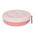 Portable light pink and green dog food bowl shown in small and large sizes for outdoor use.
