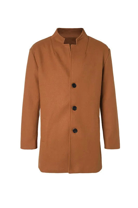 Solid-colour form-fitting khaki woolen coat for men autumn, front view