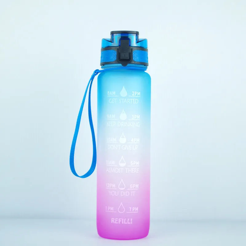 Transparent 1000ml plastic water bottle showing clear Tritan construction with visible liquid