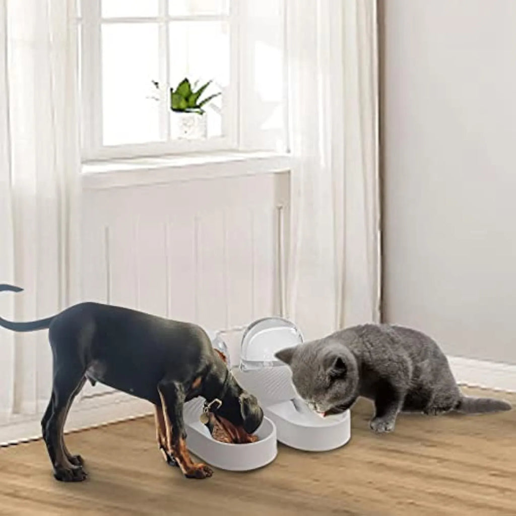 Pure white gravity cat feeder and water dispenser set with wave-shaped shell.