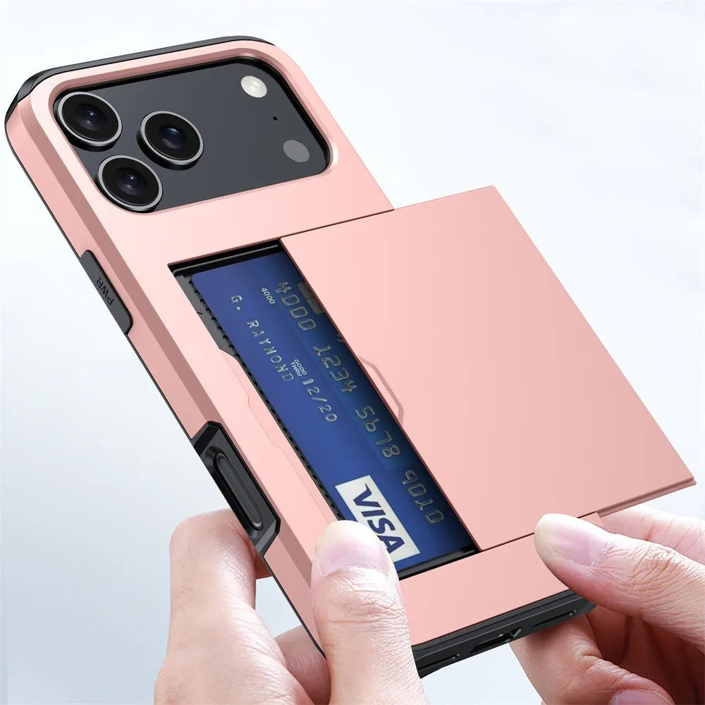 Sliding card case for Apple iPhone in various colours showing card insertion slot and shockproof design