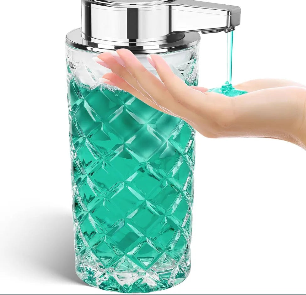 Silver automatic sensor soap dispenser with USB Type-C charging port on a bathroom counter.
