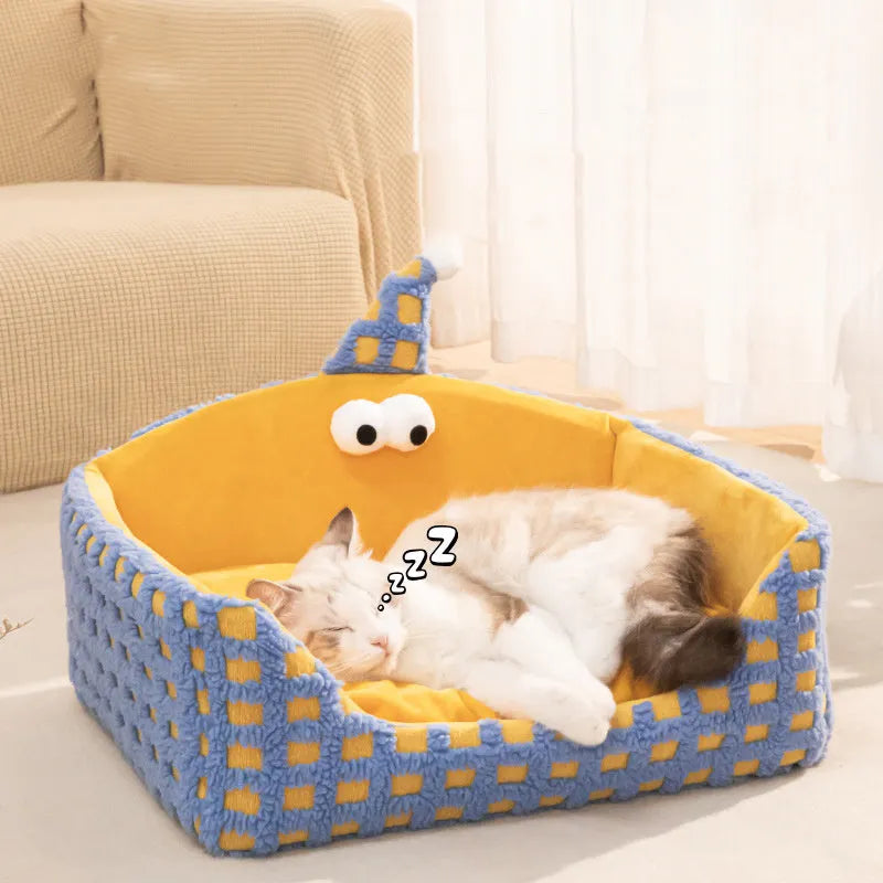 Green triangular pet bed with thick sponge and a removable cover for cats.