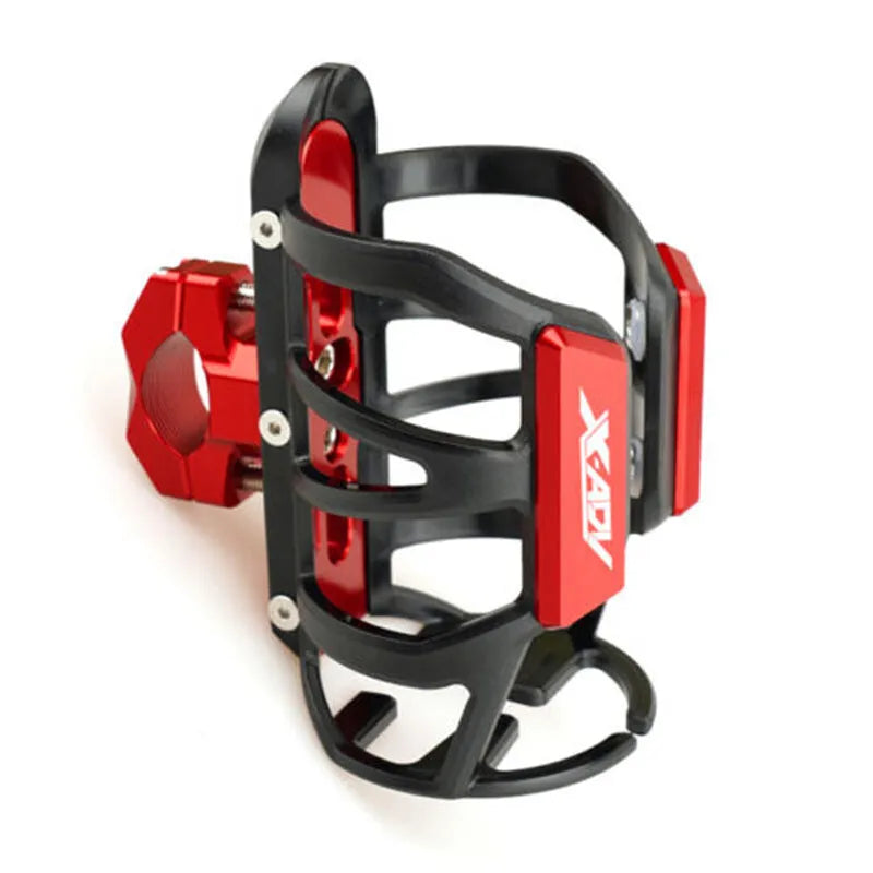 Modified black water bottle cage mounted on a Honda X-ADV scooter frame.