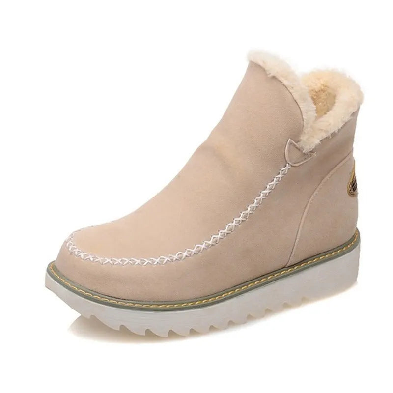 Women's winter snow boots in black with plush flannel lining, rubber sole, mid heel, round toe, ankle-high.