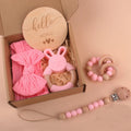 Baby silicone beech wood cotton pacifier clip five-piece set in purple, gray, cyan, peach, and pink