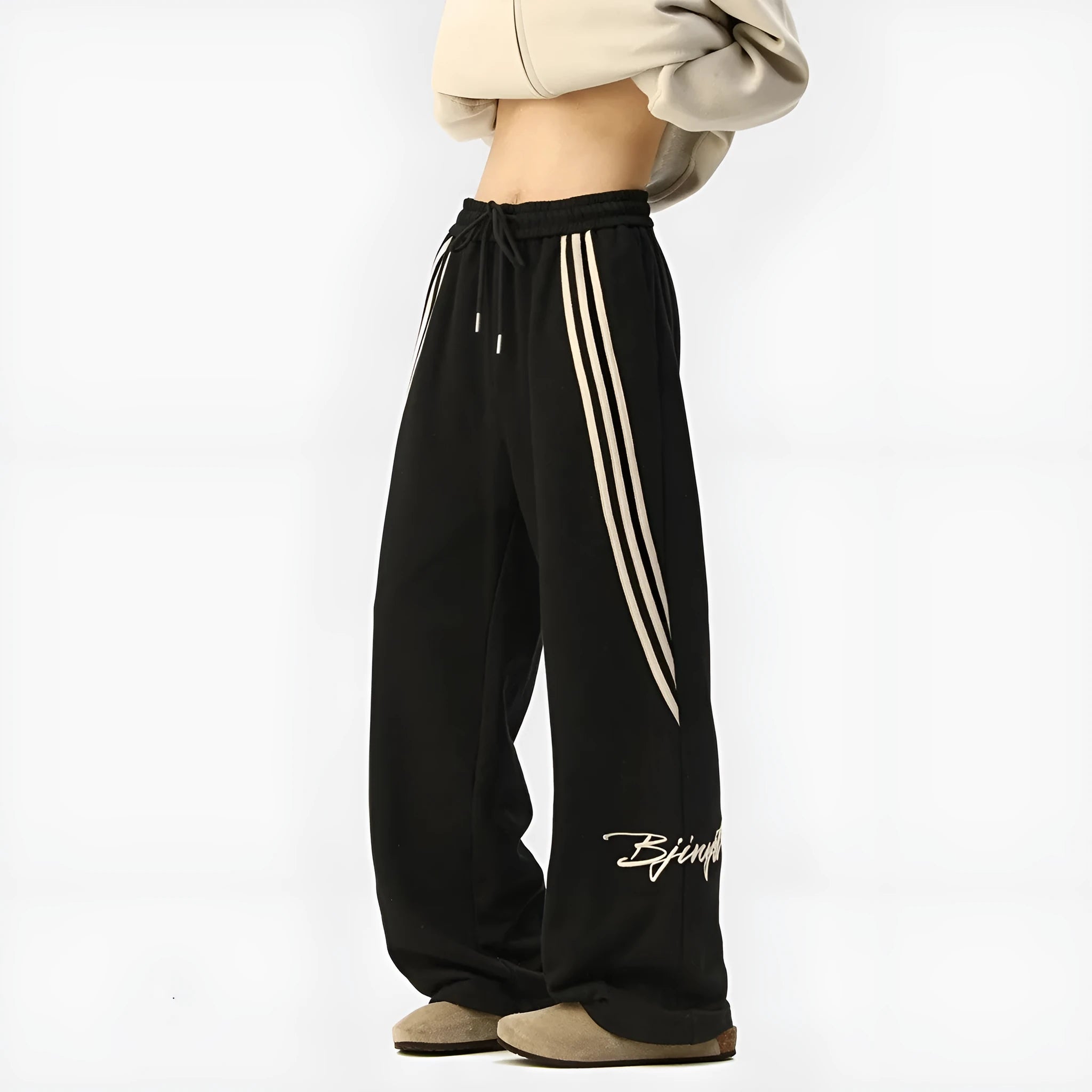 Men's striped loose straight-leg casual pants in polyester stretch fabric with wrinkle-free finish, Black colour