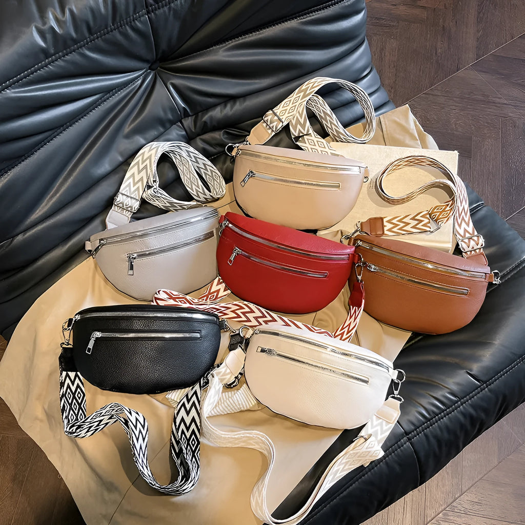 Wide shoulder strap large capacity saddle bag in beige with horizontal square shape and outer sandwich pocket