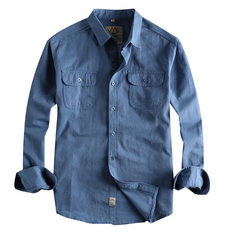 Men's solid colour cotton long sleeve shirt in cardigan style shown in light blue and white options