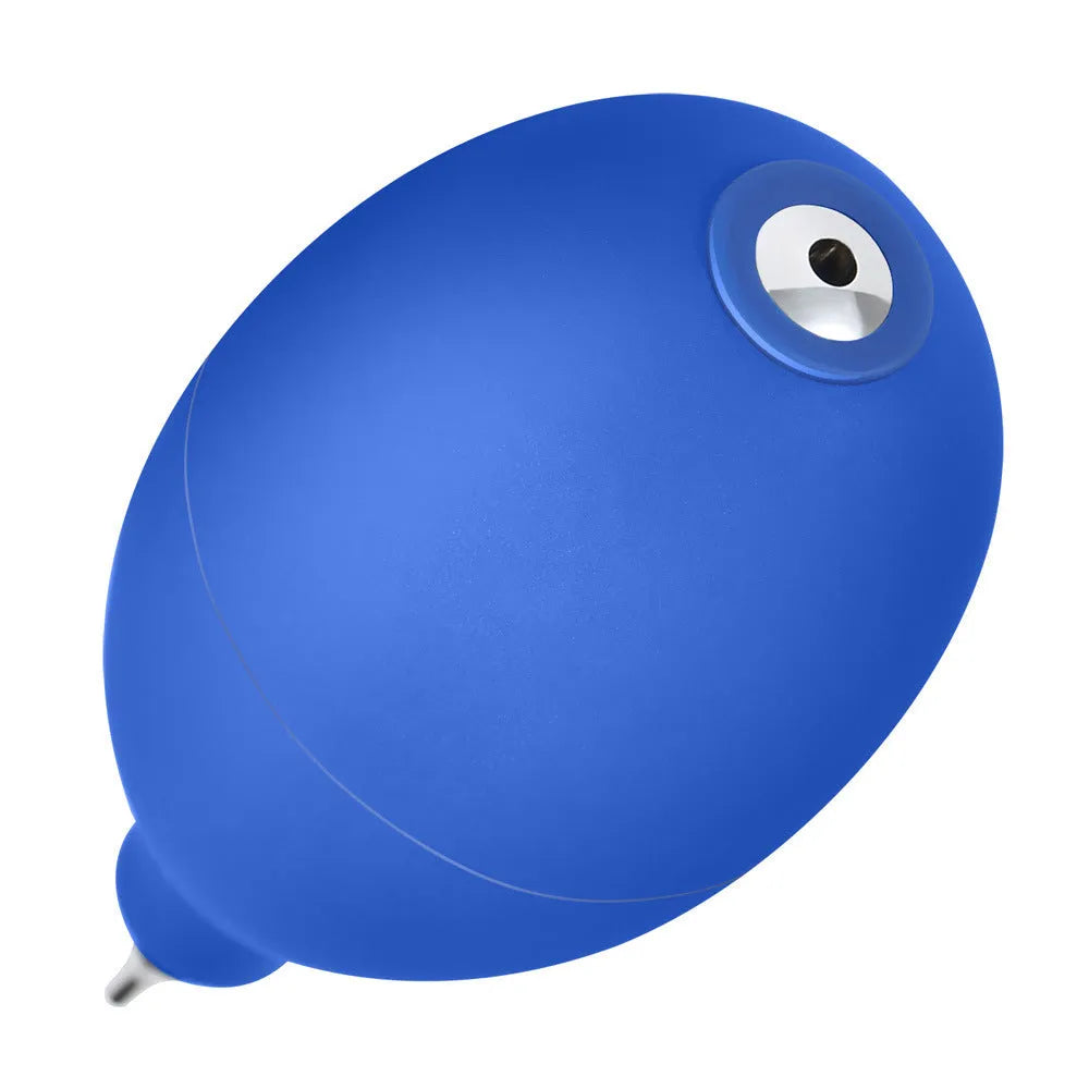 Small blue and black rubber air blower tool for dust removal on cameras and mobile phones.