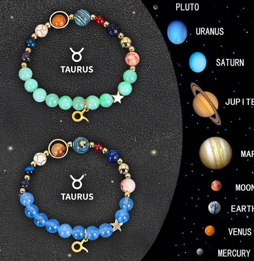Two natural stone beaded bracelets with zodiac charms on a table, showing adjustable sliding knots.