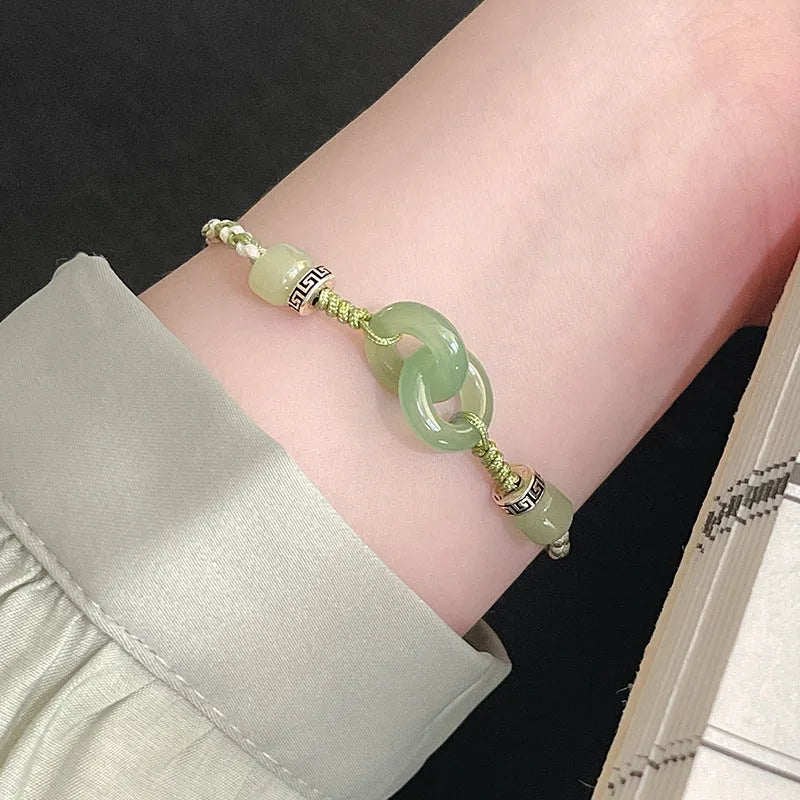 Women's ethnic-style bracelet with jade buckle weaving and double ring design in electroplated copper