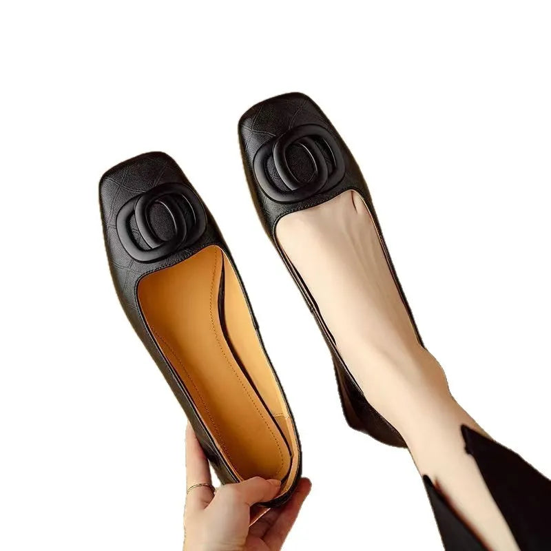 Women's sheepskin chunky heel pumps in black, square toe, low top, with buckle detail