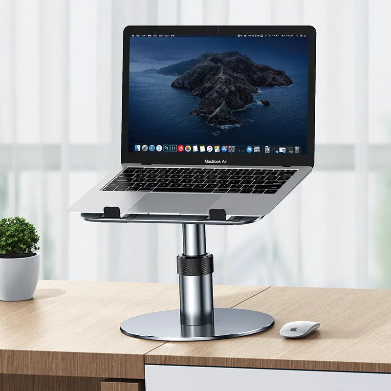 Silver adjustable aluminium laptop stand showing height adjustment and 360-degree rotating base.