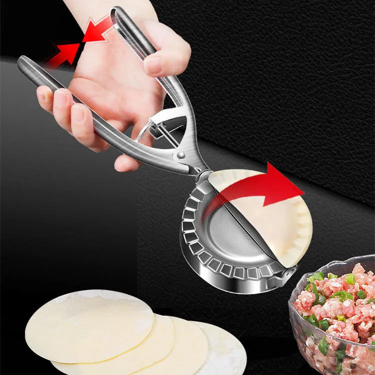 Silver stainless steel dumpling mould with handle for manual kitchen use