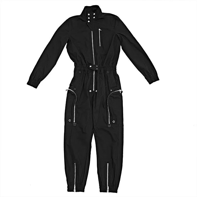 Black loose cotton cargo jumpsuit for men, mid-waist, multiple pockets, sizes 46-50