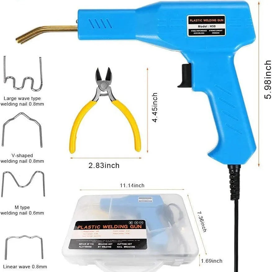 Red plastic welding gun with pure copper transformer in black plastic box with nails and pliers knife