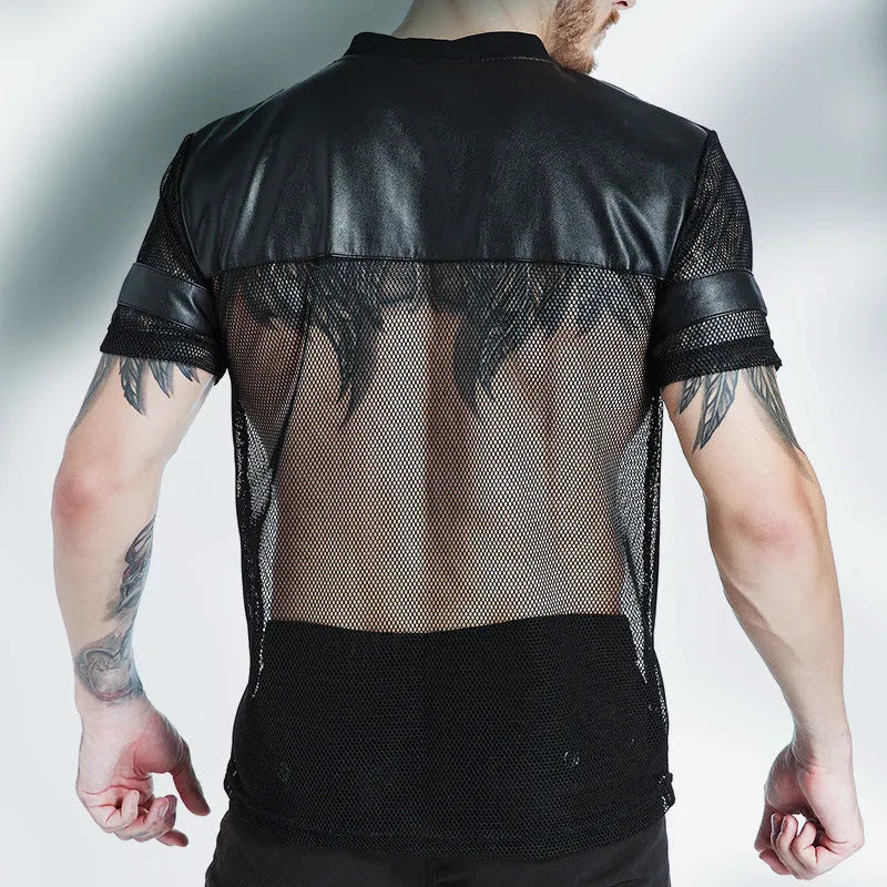 Black men's V-neck athletic t-shirt with stitching detail on the collar, made from polyester mesh fabric.