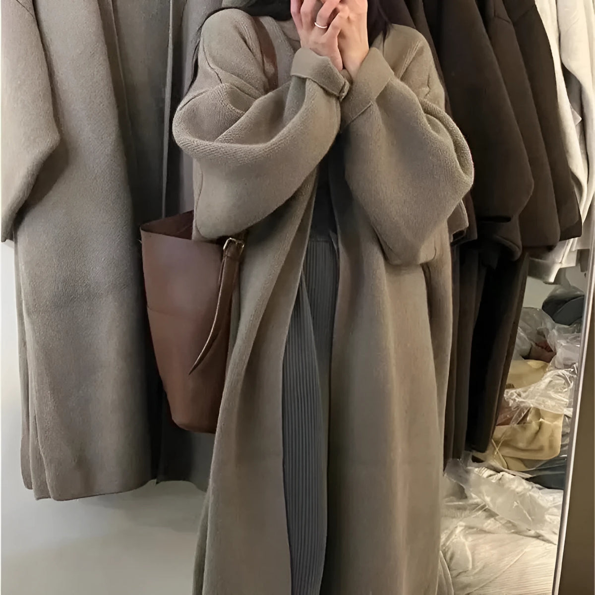 Women's loose knitted cardigan coat with long sleeves and splicing, free size, in black, apricot, pink, brown or camel