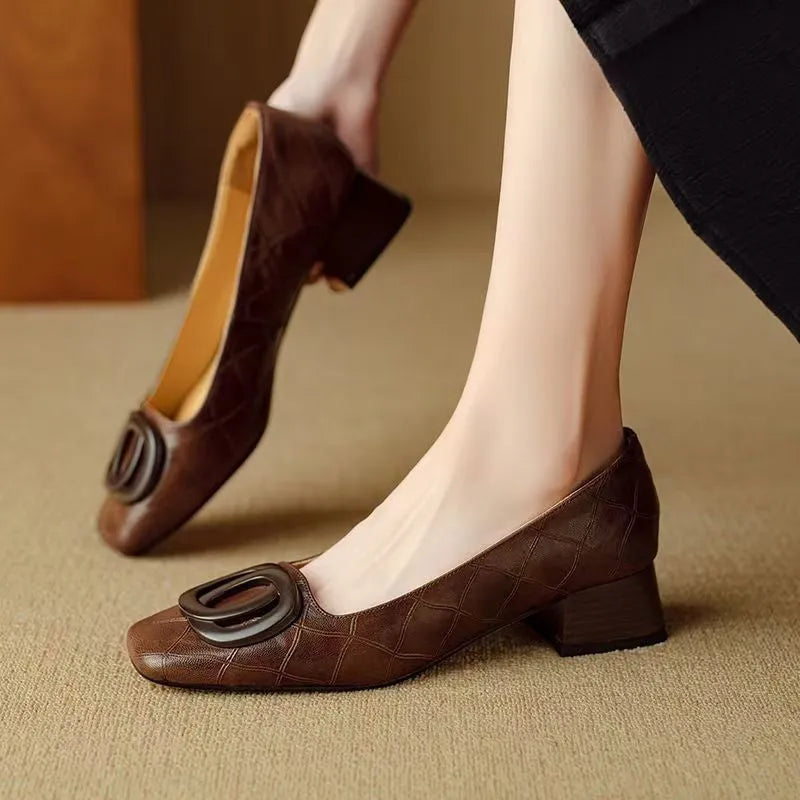 Women's sheepskin chunky heel pumps in black, square toe, low top, with buckle detail