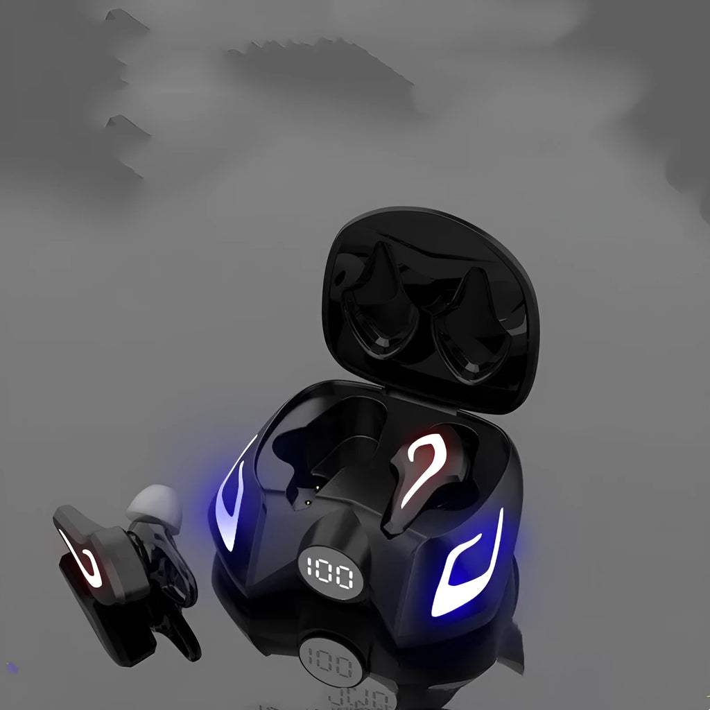 Black grey wireless Bluetooth gaming earbuds with silicone ear tips, shown for mobile gaming use.