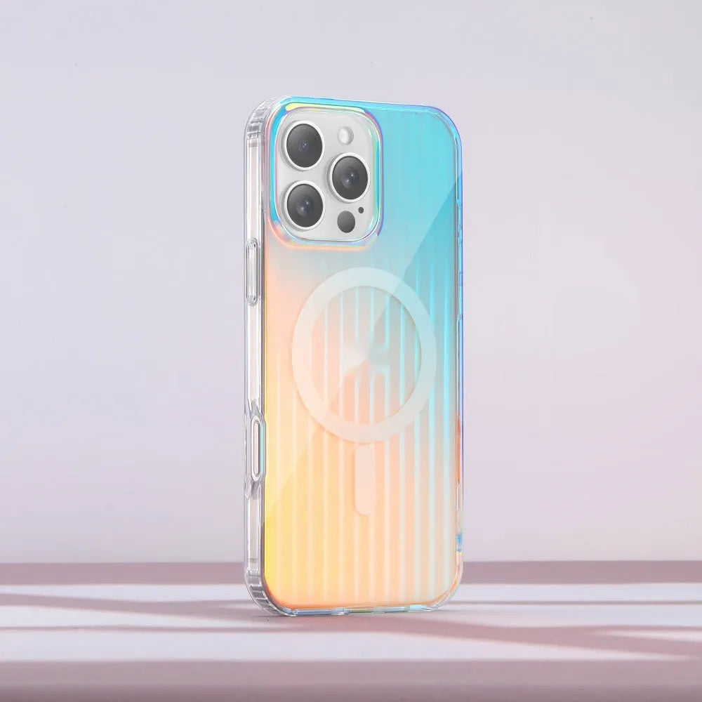 Glossy transparent magnetic iPhone case with colour-changing chameleon finish on a smartphone.