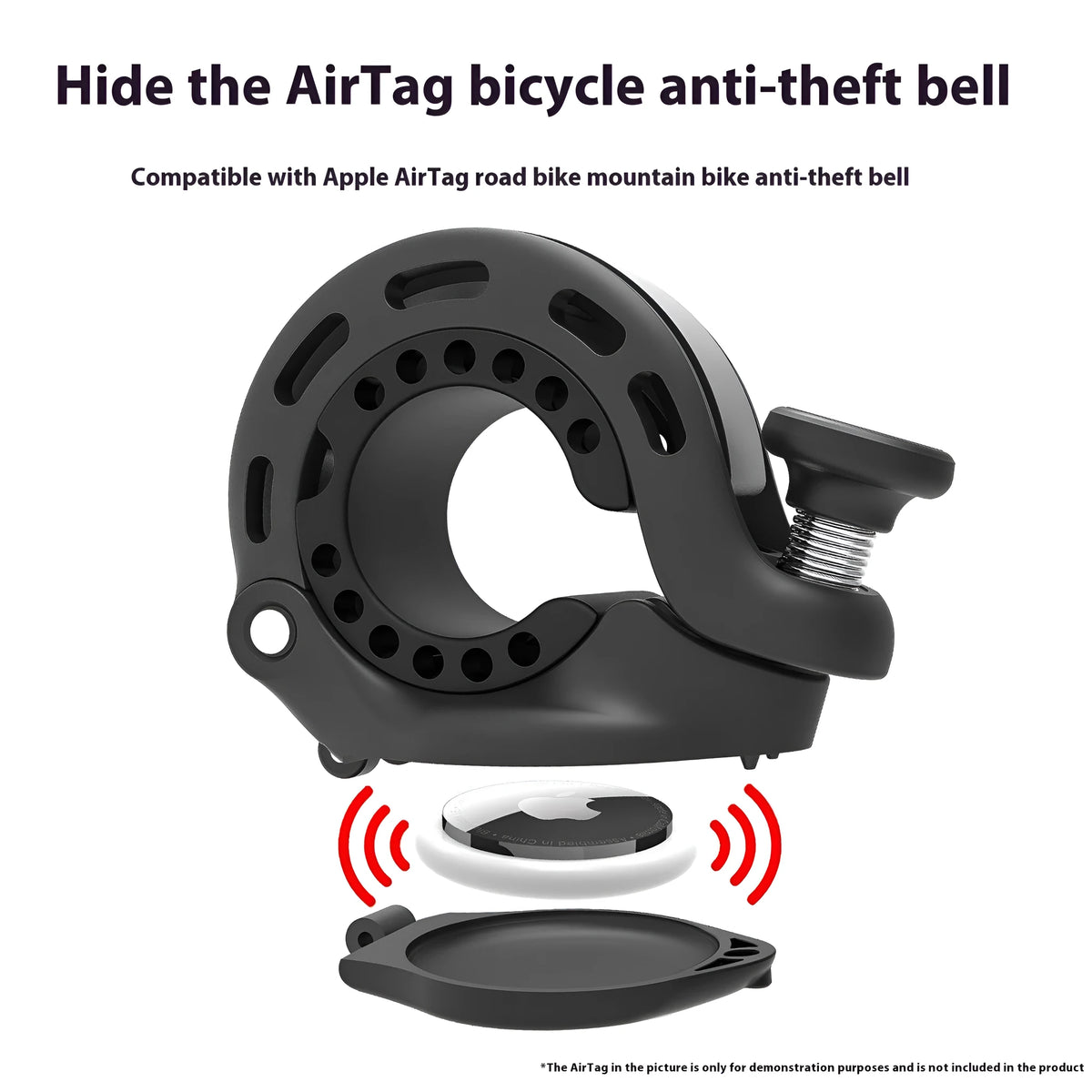 Black aluminium alloy bicycle anti-theft bell with thumb lever on handlebar, showing mounting gaskets and wrench