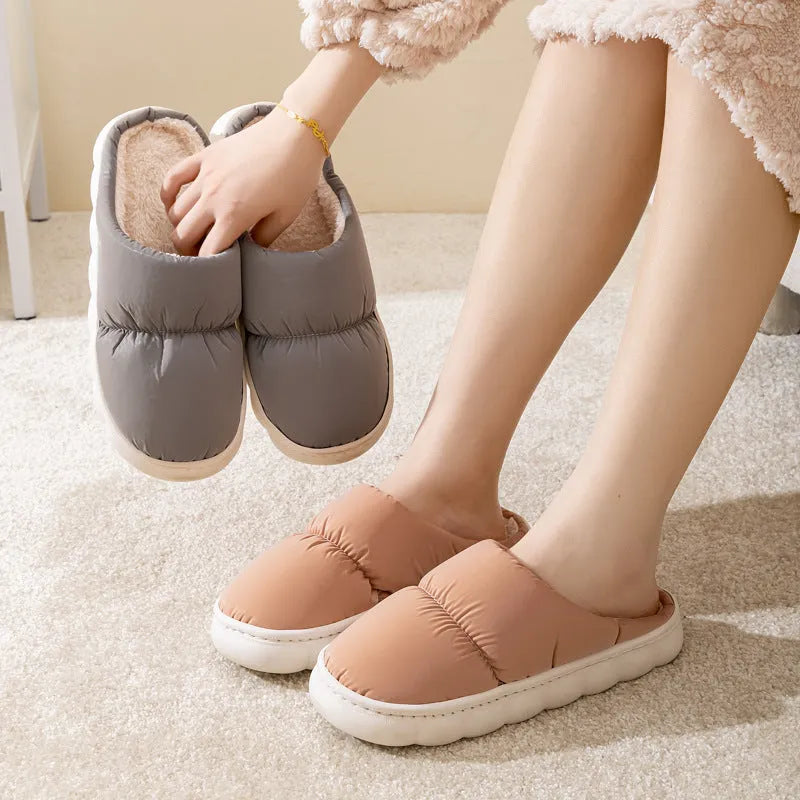 Artificial leather and rubber house slippers with thick sole and plush lining in blue, green, grey, pink or yellow