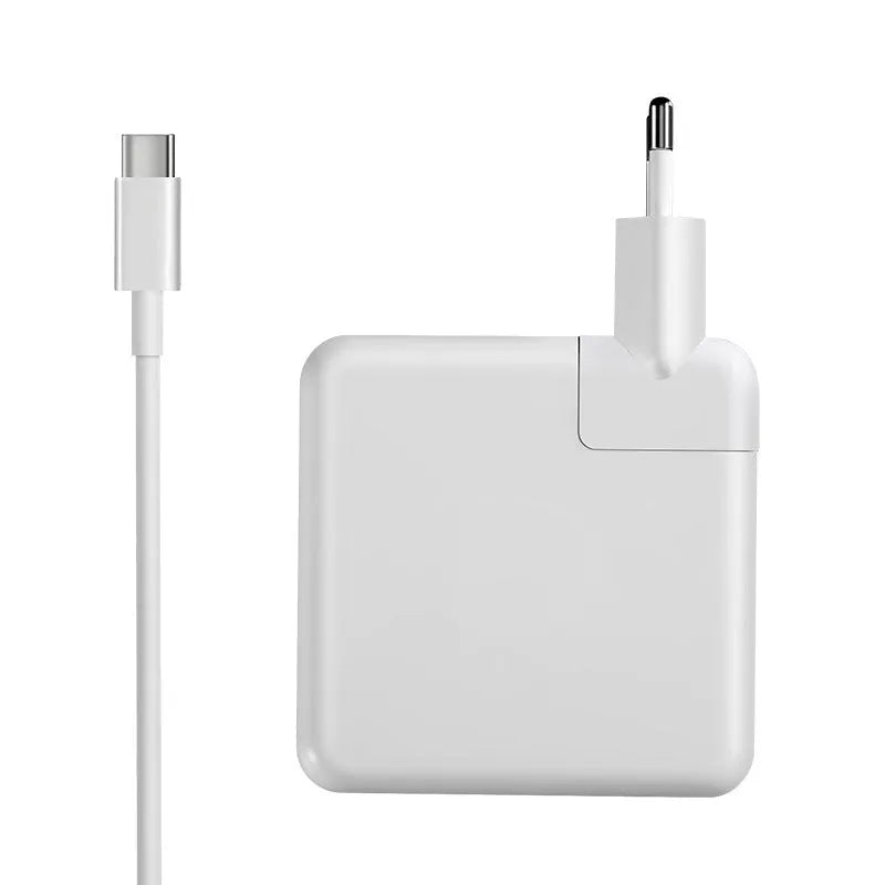 61W laptop power adapter charger with international plug options, 7cm by 7cm by 3cm dimensions