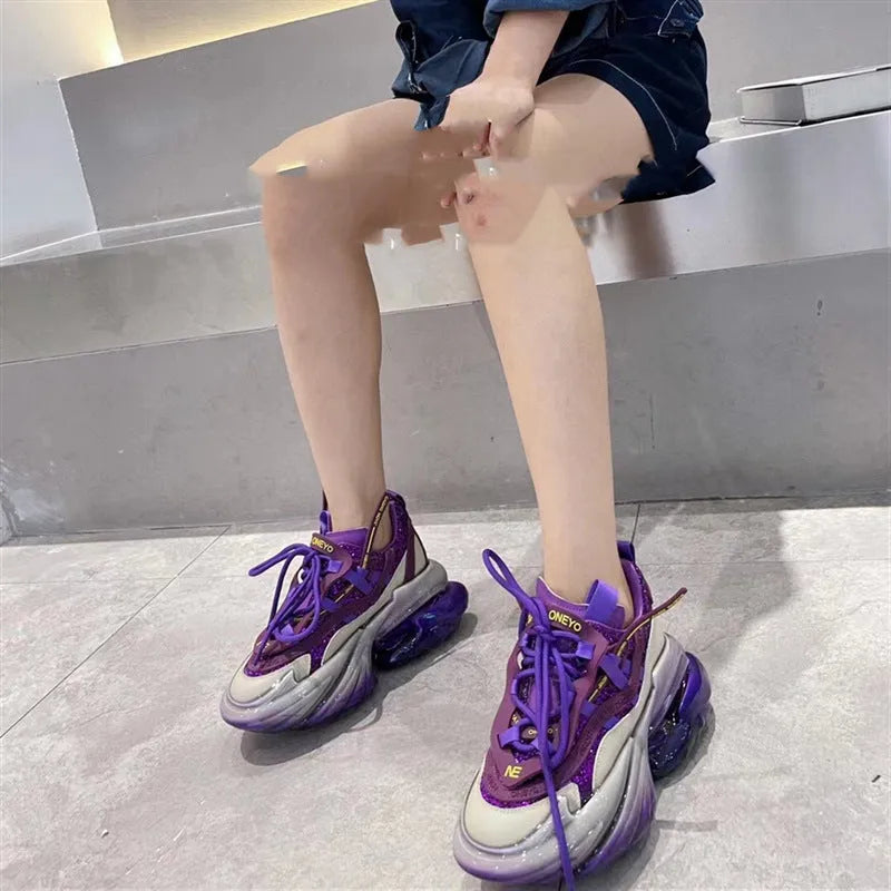 Women's green leather high-top casual sports shoes with a thick sole and cross-tie lace closure.