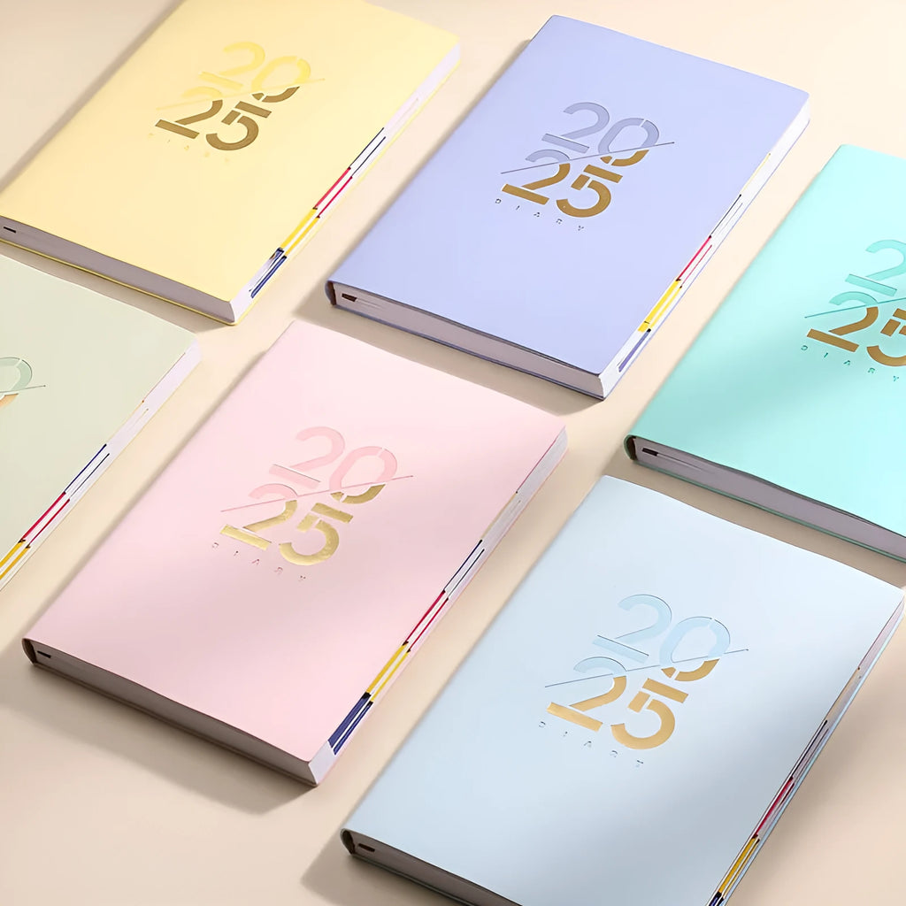 A5 faux leather daily planner schedule book open showing Dorian paper pages with 2025 calendar