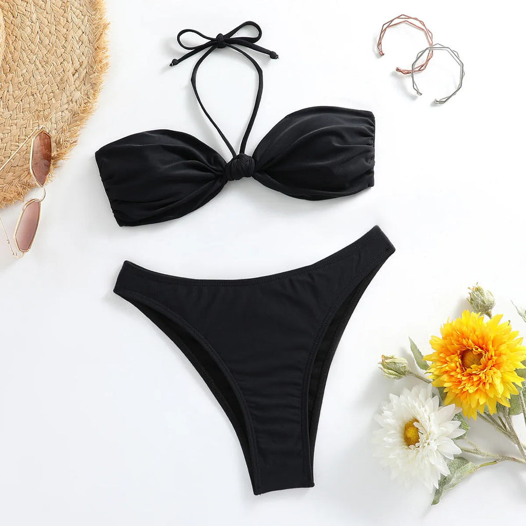 Black women's bikini set with lace-up tube top and split briefs on a plain background.