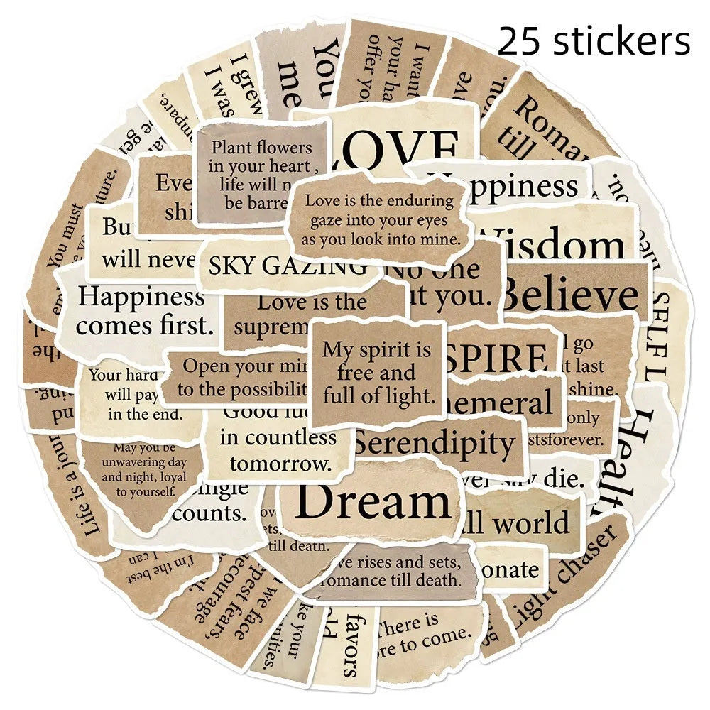 Pack of 25 torn English design decorative PVC stickers for laptops, shown removed from backing.