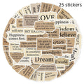 Pack of 25 torn English design decorative PVC stickers for laptops, shown removed from backing.