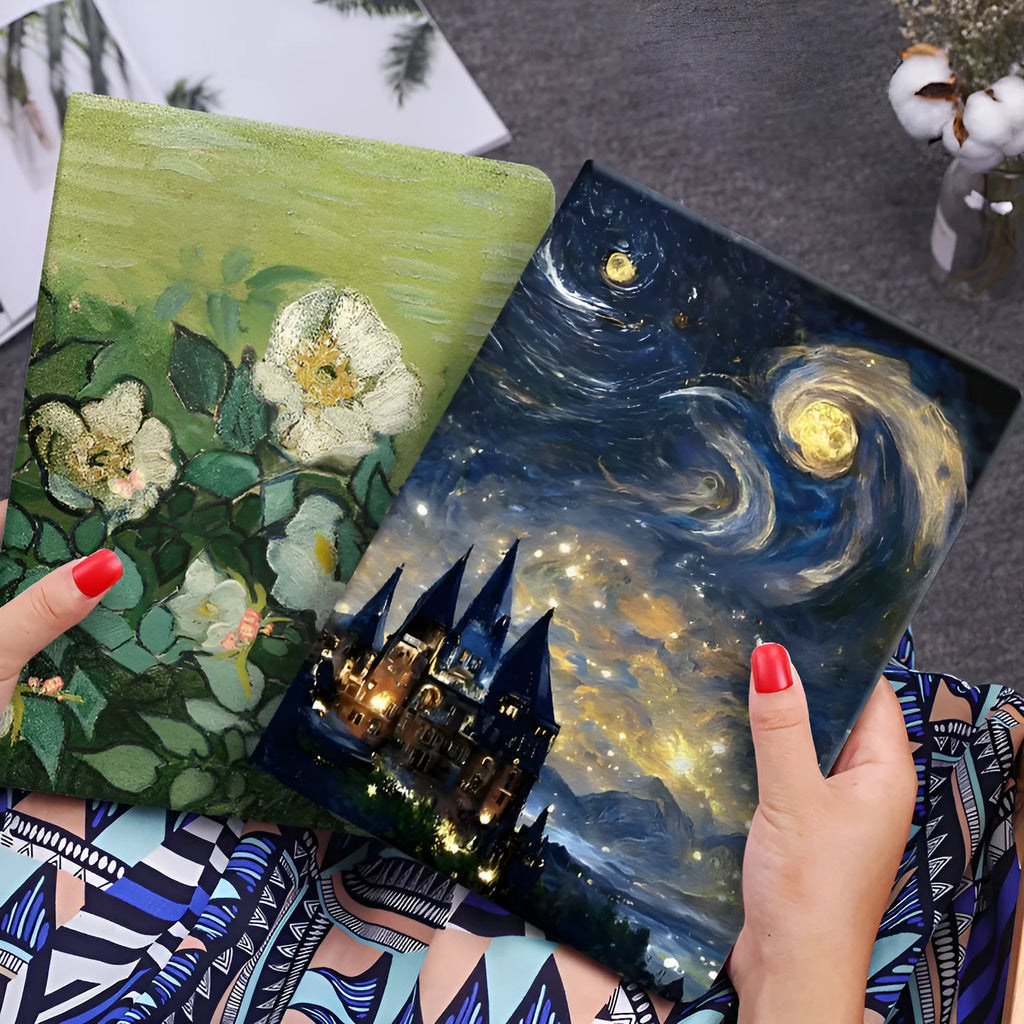Handmade liquid silicone flip case for iPad with decorative oil painting design of sunflowers.