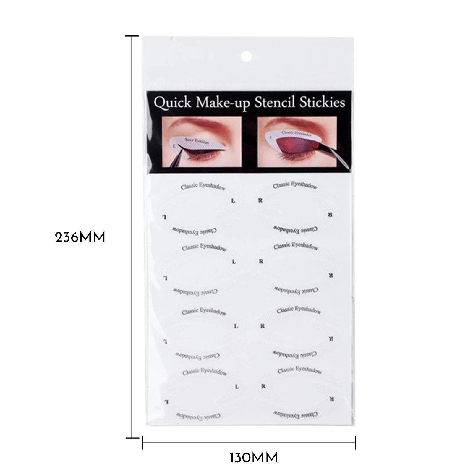 Four reusable eyeliner stencils on a pink background, showing winged and curved cut-out shapes for makeup application.