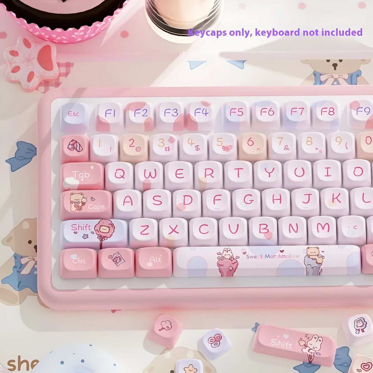 Five-sided sublimation Moa keycap set in sweet cotton candy colour, 112 keys, PBT material, boxed