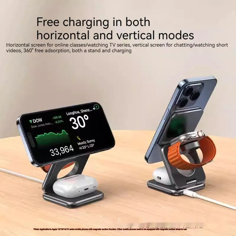 Black foldable magnetic wireless phone charger showing compact 70x70mm design with QC3.0 fast charging