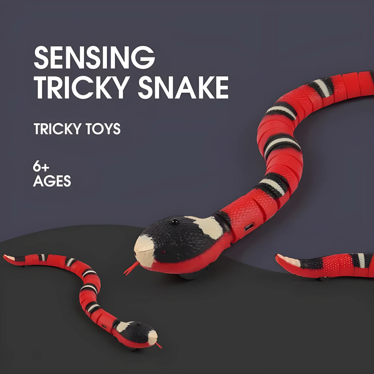 Interactive electric induction snake cat toy with S-shaped crawling and flashing eyes on a carpet