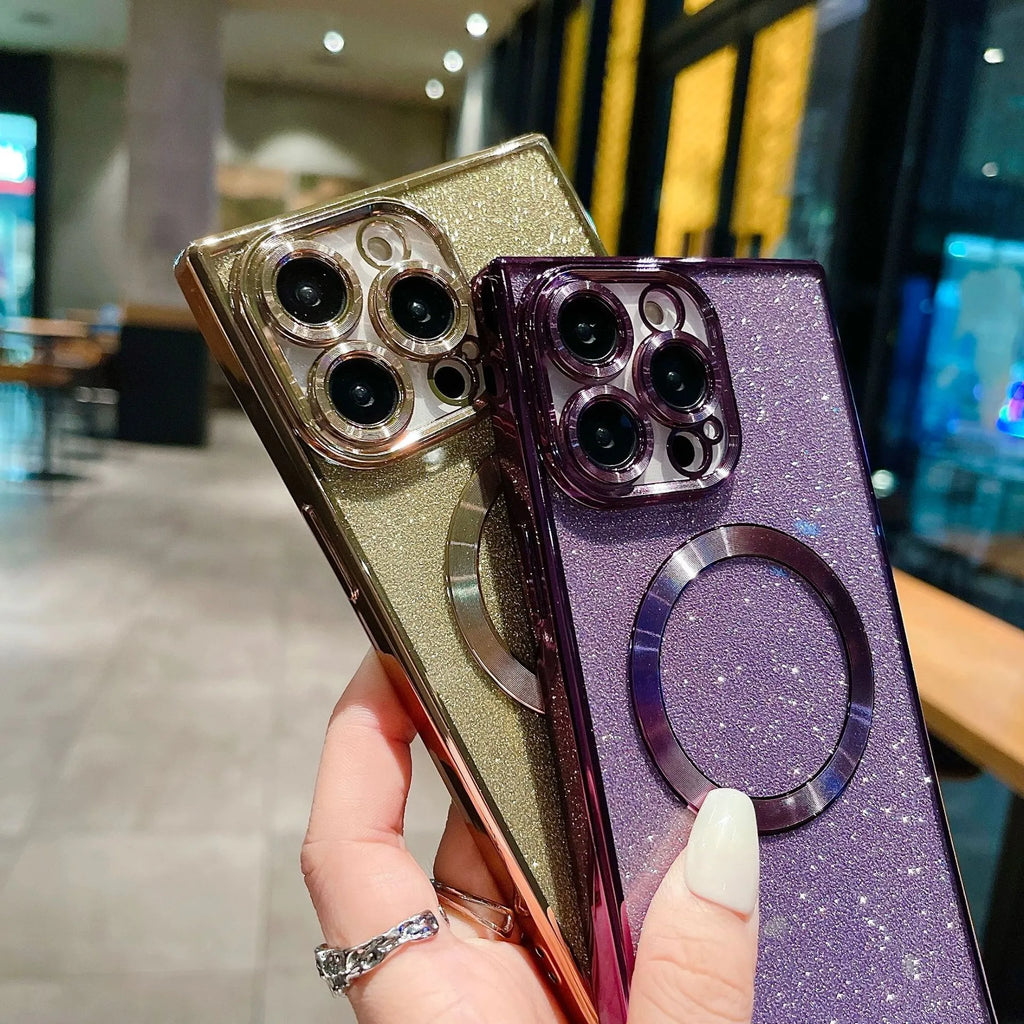 Square electroplated transparent solid colour magnetic phone case for iPhone, TPU PC, fall protection