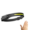 Black silicone USB rechargeable LED headlamp with a wide front light and a side wave sensor for touchless control.