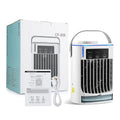 Mini USB air cooler with humidification spray fan on a desk with 3 speed modes and bladeless design