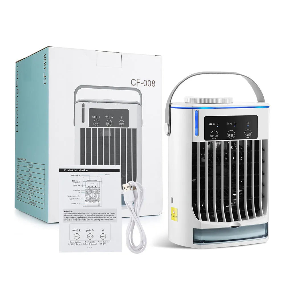 Mini USB air cooler with humidification spray fan on a desk with 3 speed modes and bladeless design
