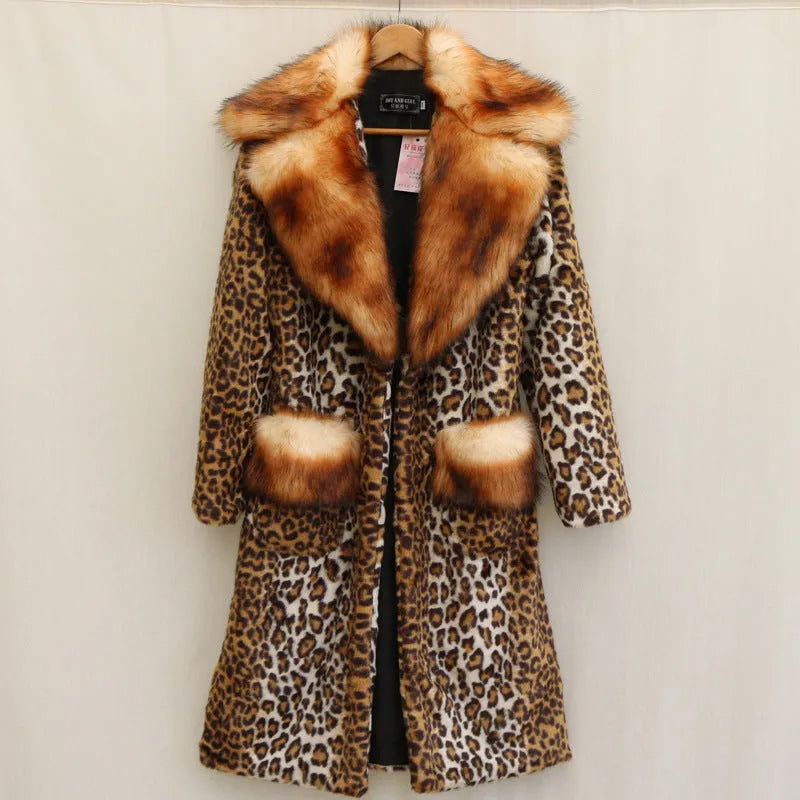 Women's leopard print long artificial fur jacket on hanger, showing regular sleeves and 80cm length.